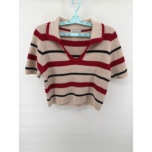 ZENANA Striped Collared Knit Sweater Top Short Sleeve Beige Red Black Women L